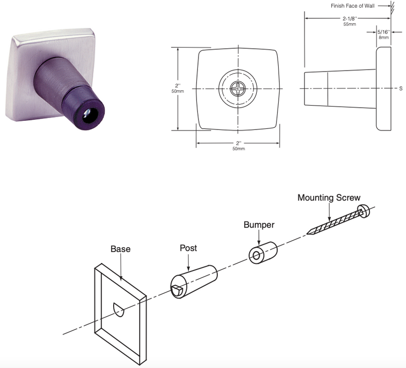 Bobrick B-687 Commercial Restroom Door Bumper, 2" W x 2" H x 5/16" D, Stainless Steel w/ Satin Finish