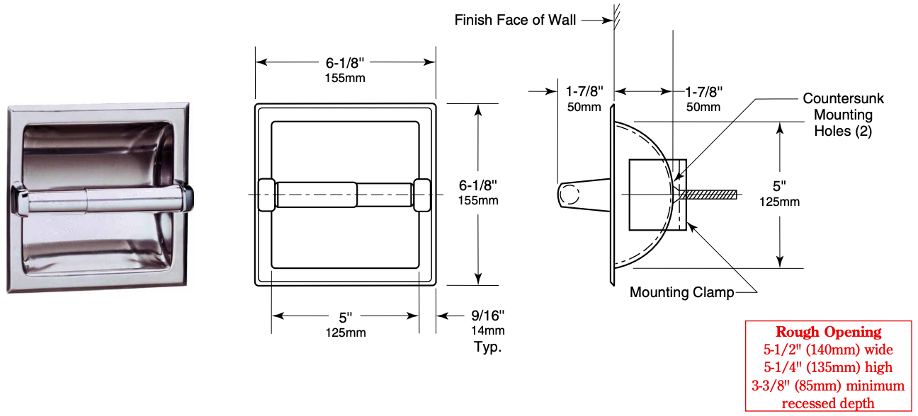 Bobrick B-667 Commercial Toilet Paper Dispenser, Recessed-Mounted, Stainless Steel w/ Bright-Polished Finish