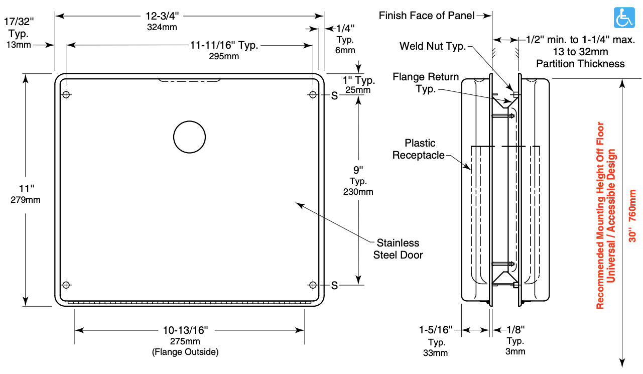 Bobrick B-4354 Commercial Restroom Sanitary Napkin/Tampon Disposal, Partition-Mounted, Stainless Steel