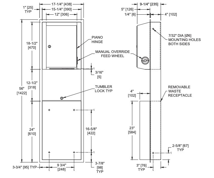 ASI 046926 Traditional - Paper Towel Disp. & Waste Receptacle - Pull Roll, Auto Cut - 13.5 gal. Recessed