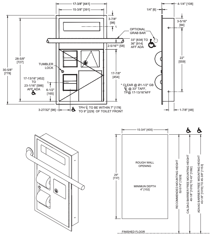 ASI 0482-R Toilet Seat Cover & Toilet Tissue Dispenser with Sanitary Napkin Disposal - Recessed