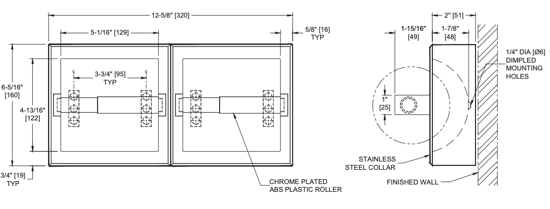 ASI 74022-SSM Commercial Double Roll Toilet Paper Dispenser, Surface-Mounted, Stainless Steel