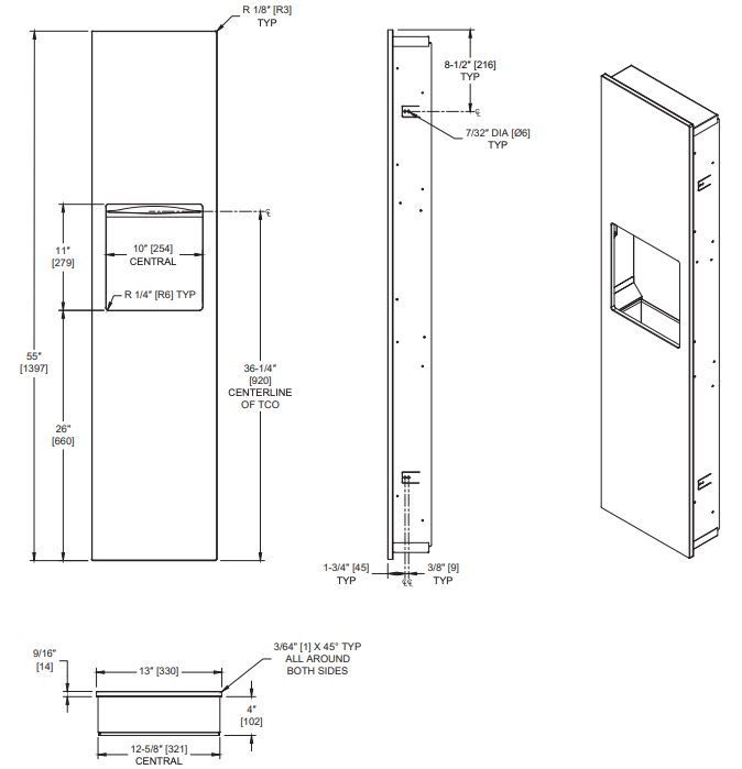 ASI 6467-00 Piatto Recessed Paper Towel Dispenser and Waste Receptacle, White Phenolic Door, 13" x 55" x 4-9/16"