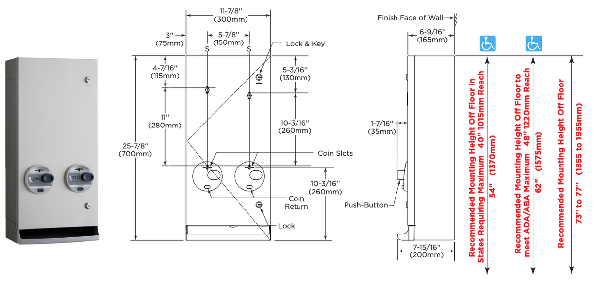 Bobrick B-2706T Napkin/Tampon Vendor, Token Operation