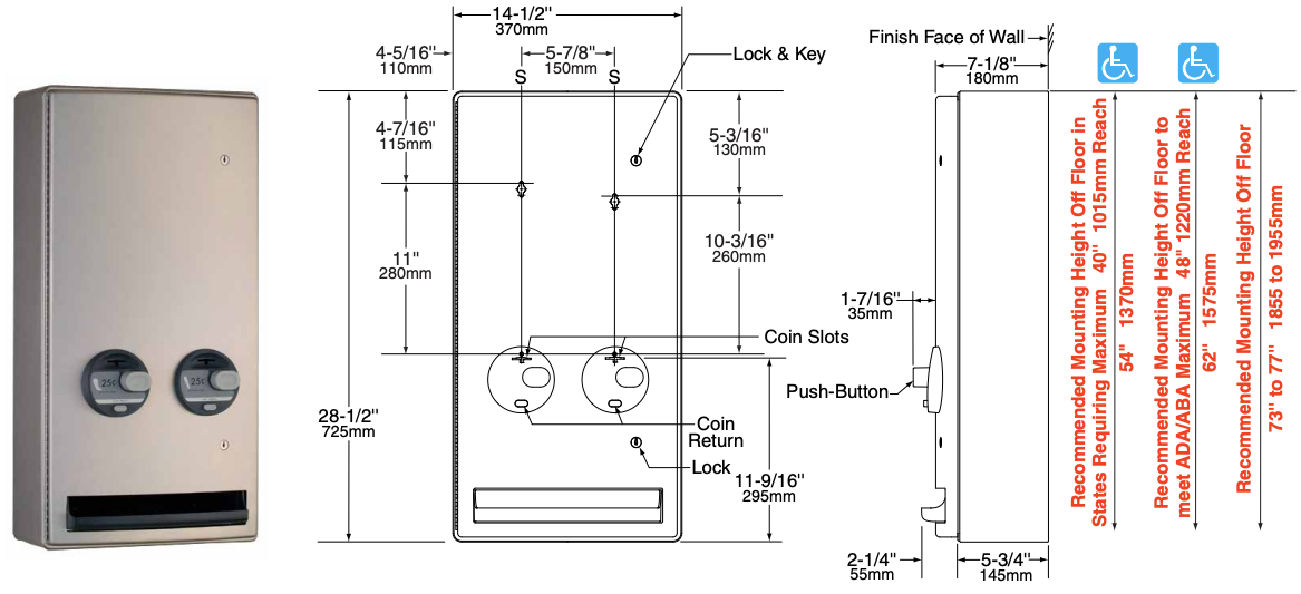 Bobrick B-47069C Commercial Restroom Sanitary Napkin/ Tampon Dispenser, Free (No Coins Required), Surface-Mounted, Stainless Steel