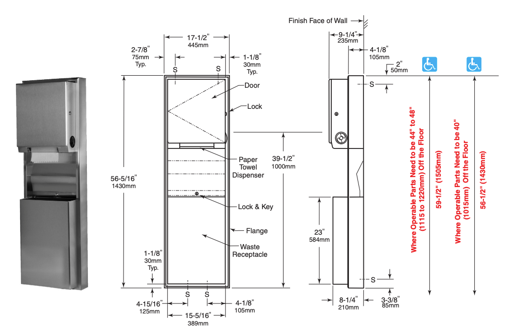 Bobrick B-39619 Combination Commercial Paper Towel Dispenser/Waste Receptacle, Surface-Mounted, Stainless Steel