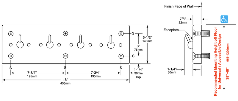 Bobrick B-985 Commercial Vandal-Resistant Clothes Hook Strip, 18" W x 5-1/2" H x 7/8" D, Stainless Steel