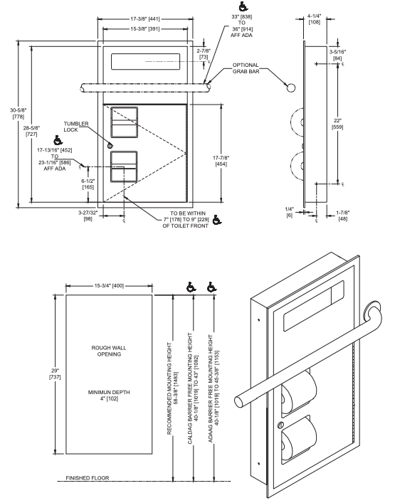 ASI 0485-R Toilet Seat Cover & Toilet Tissue Dispenser - Recessed