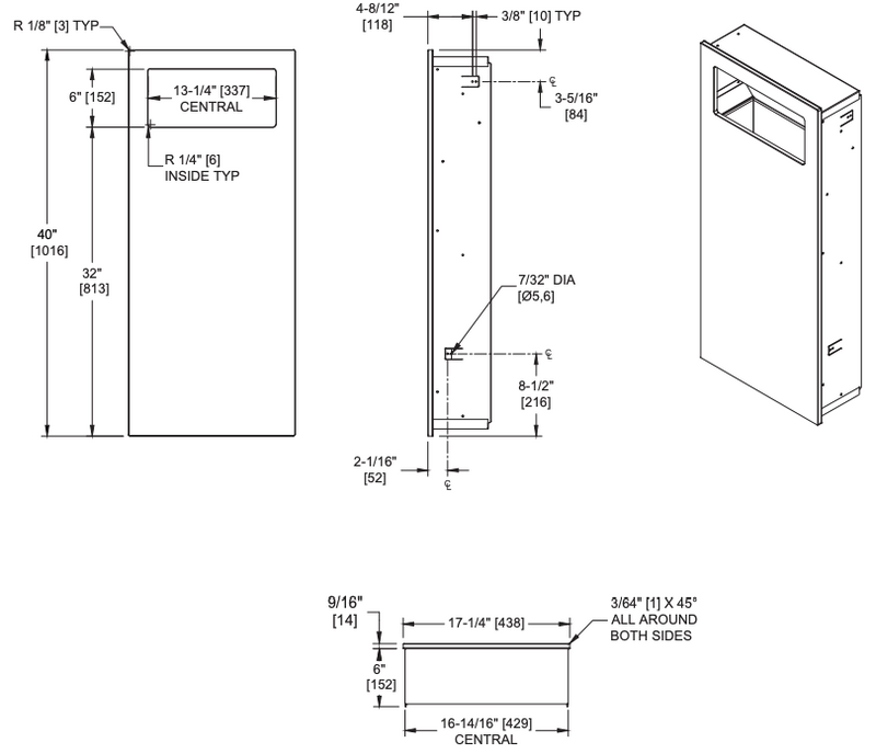ASI 6474-41 Piatto Recessed Waste Receptacle, Black Phenolic Door, 12 Gallon Capacity