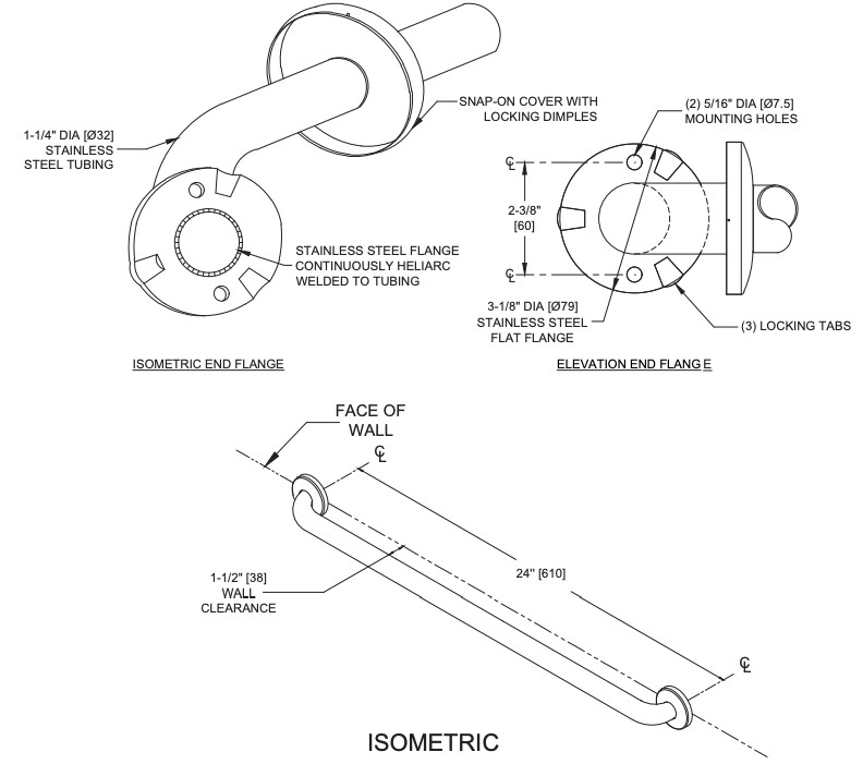 ASI 3701-24P (24 x 1.25) Commercial Grab Bar, 1-1/4