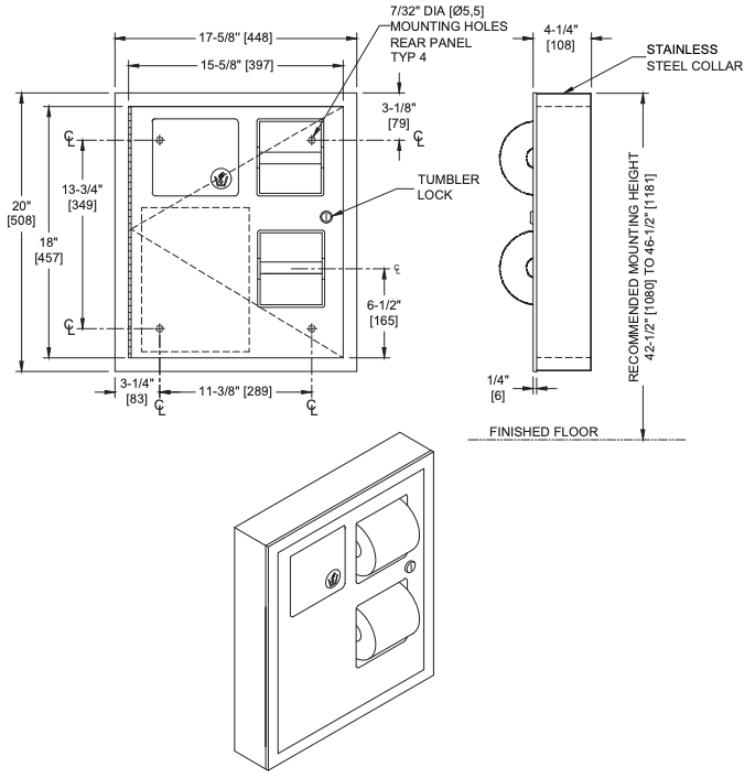 ASI 04833 Combination Toilet Paper Dispenser /Napkin Disposal, Surface-Mounted, Stainless Steel