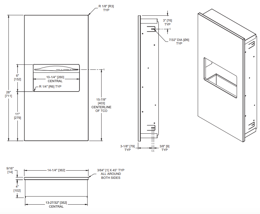 ASI 64623-00 Piatto Recessed Paper Towel Dispenser and Waste Receptacle, White Phenolic Door, 14-1/4
