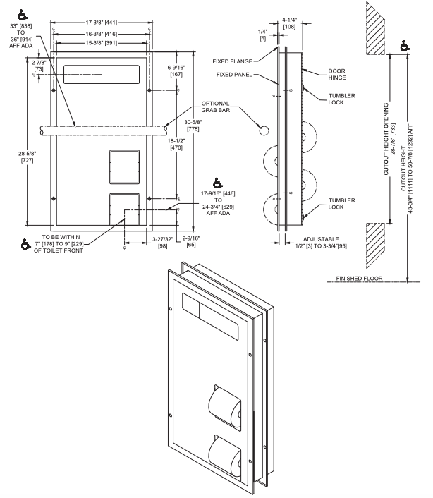 ASI 0484-HC, Commercial Toilet Seat Cover & Paper Dispenser, 15-1/2" W x 28-7/8" H x 5-1/4" D, Stainless Steel