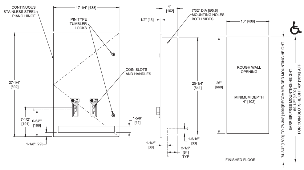 ASI 04684-F Commercial Restroom Sanitary Napkin/ Tampon Dispenser, Free-Operated, Recessed-Mounted, Stainless Steel