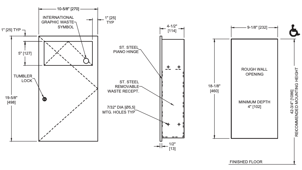 ASI 6471 Commercial Restroom Sanitary Napkin Disposal, Recessed-Mounted, Stainless Steel