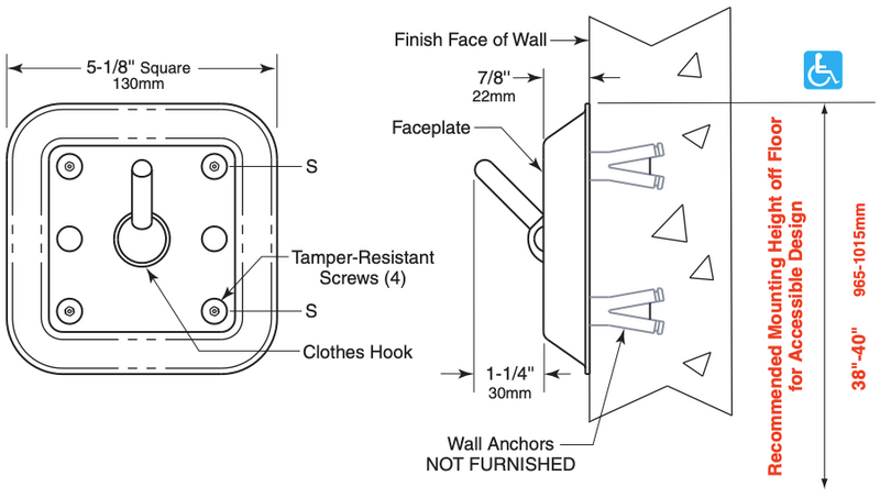 Bobrick B-983 Commercial Vandal-Resistant Clothes Hook, Stainless Steel w/ Satin Finish