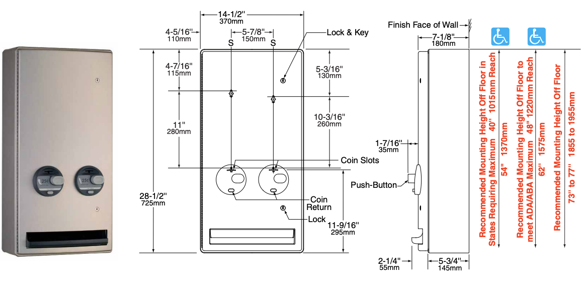 Bobrick B-47069 25 Commercial Restroom Sanitary Napkin/ Tampon Dispenser, 25 Cents, Surface-Mounted, Stainless Steel