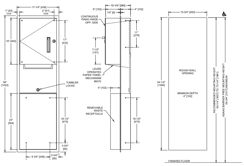 ASI 046924 Combination Commercial Paper Towel Dispenser/Waste Receptacle, Recessed-Mounted, Stainless Steel