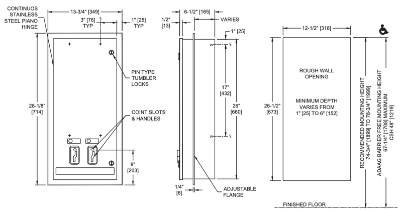 ASI 0464-25 Commercial Restroom Sanitary Napkin/ Tampon Dispenser, 25 Cents, Recessed-Mounted, Stainless Steel