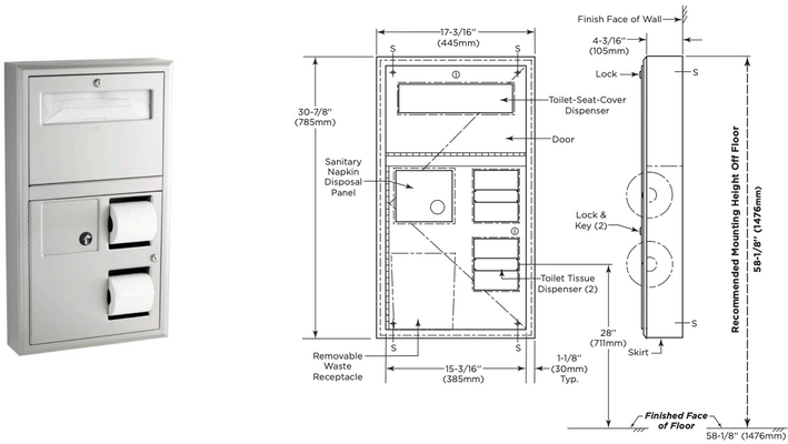 Bobrick B-3579.MBLK Matte Black Surface Mounted Seat Cover Dispenser with Sanitary Napkin Disposal and Toilet Tissue Dispenser