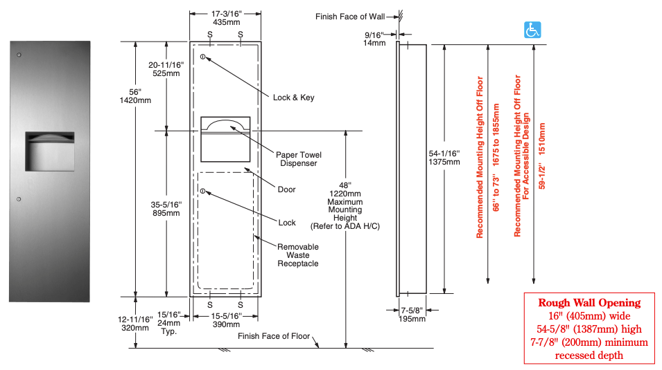 Bobrick B-39003 Combination Commercial Paper Towel Dispenser/Waste Receptacle, Recessed-Mounted, Stainless Steel