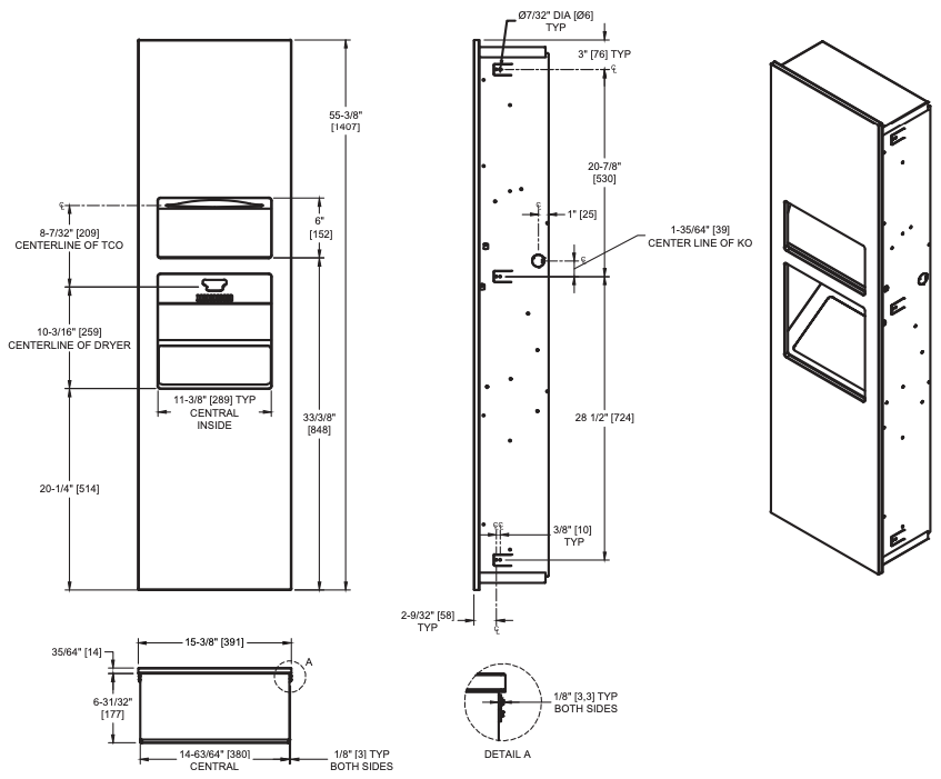 ASI 64672-2-41 Piatto Recessed 3-In-1 Paper Towel Dispenser, Hand Dryer and Waste Receptacle, 208-240V, Black Phenolic Door