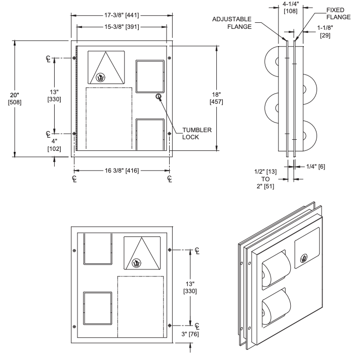 ASI 04813 Combination Commercial Toilet Paper Dispenser/Sanitary Napkin Disposal, Partition-Mounted, Stainless Steel