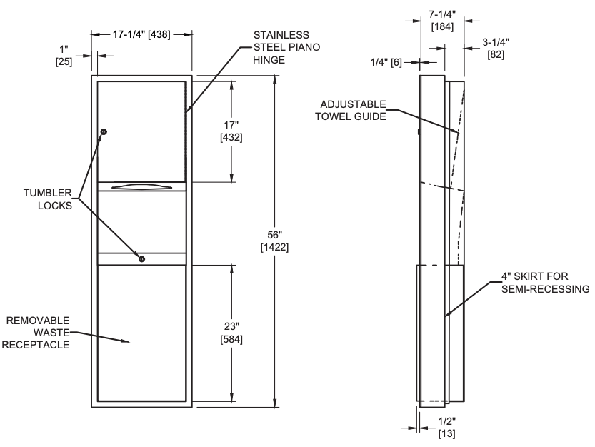 ASI 04697-4 Combination Commercial Paper Towel Dispenser/Waste Receptacle, Semi-Recessed-Mounted, Stainless Steel