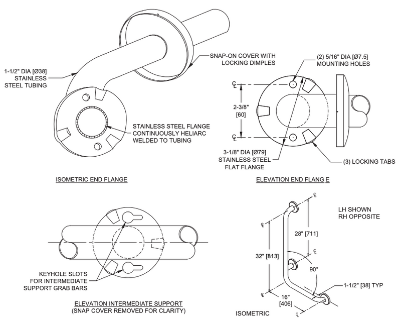 ASI 3804-L Commercial Left Hand Grab Bar, 1-1/2" Diameter x 32" Length, Stainless Steel