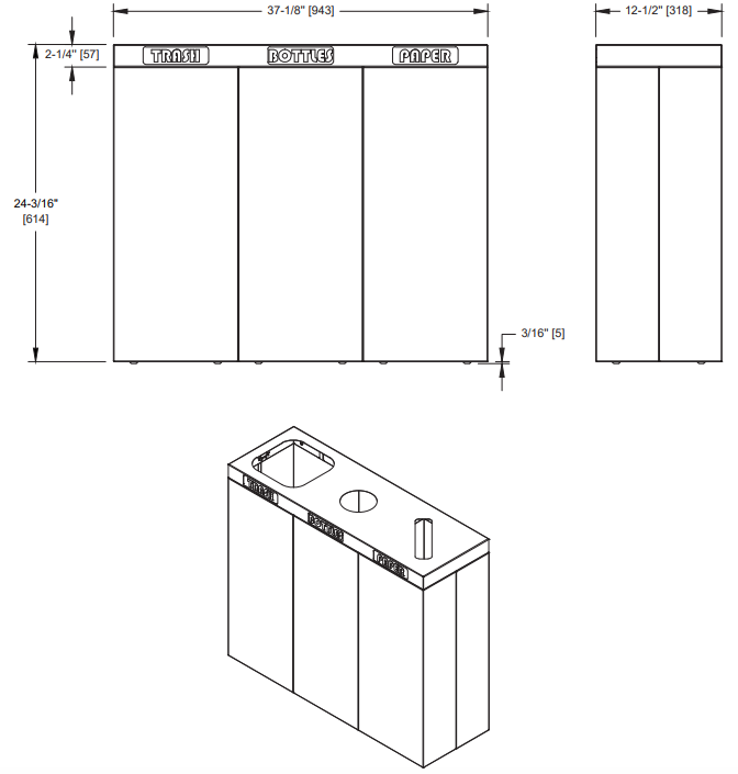 ASI 0834-RB 3-Bin Recycling Station - 14 Gal - Free Standing