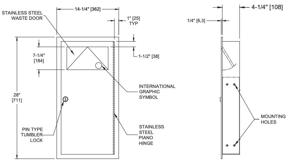ASI 04733 Commercial Restroom Waste Receptacle, 3 Gallon, Recessed-Mounted, 12-3/4