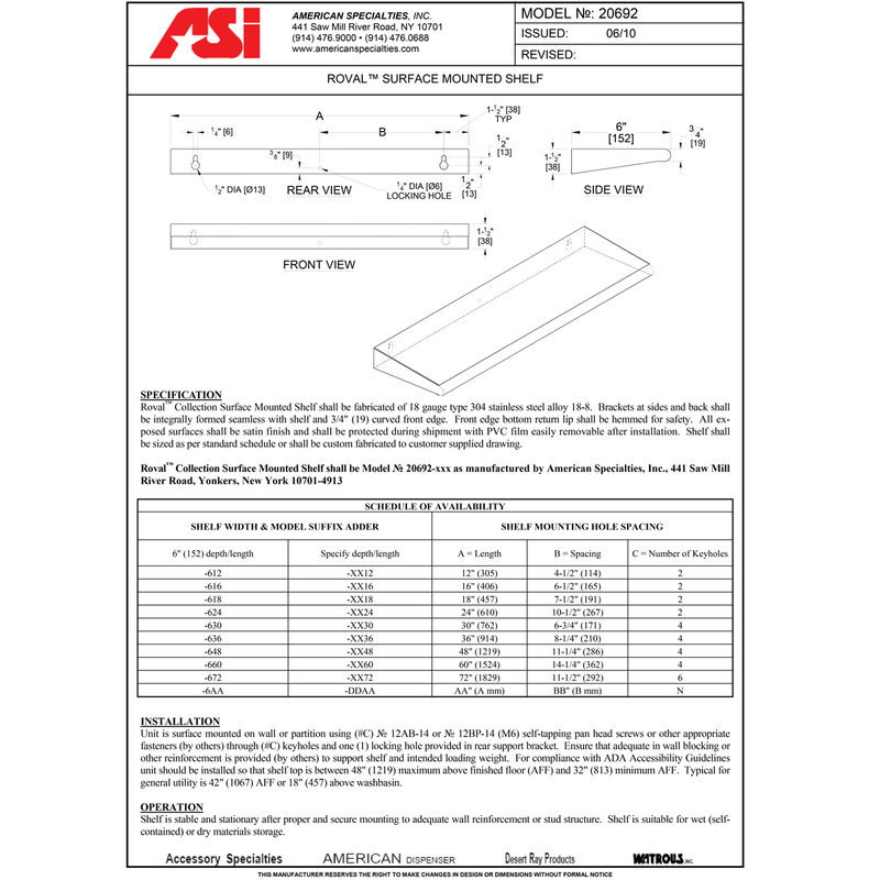 ASI 20692-636 Commercial Restroom Shelf, 6" Dx 36" L, Roval-Surface-Mounted, Stainless Steel