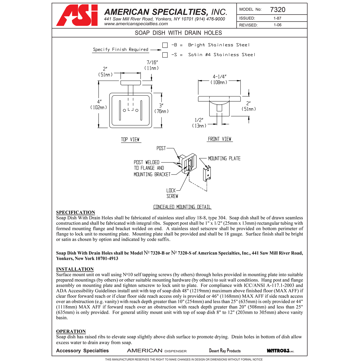 ASI 7320-S Commercial Soap Dish, 4-1/4