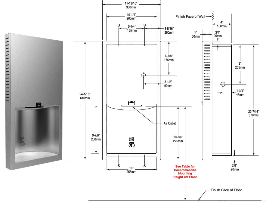 Bobrick B-3725 Automatic Hand Dryer, 115 Volt, Recessed-Mounted, Stainless Steel