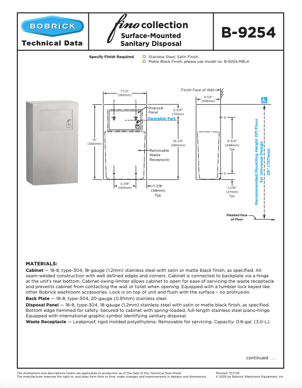 Bobrick 9254.MBLK Fino Surface-Mounted Sanitary Disposal, Matte Black