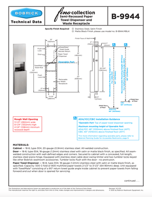 Bobrick 9944.MBLK Fino Semi-Recessed Paper Towel Dispenser & Waste Receptacle, Matte Black, 8.5-gal. Waste