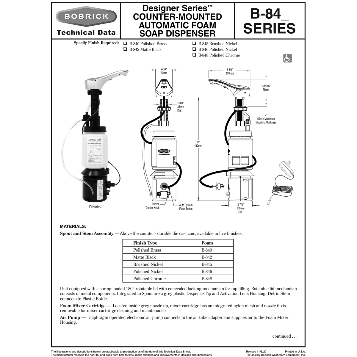 Bobrick B-845 Autosoap Foam Brushed Nickel, Touch Free Countermount