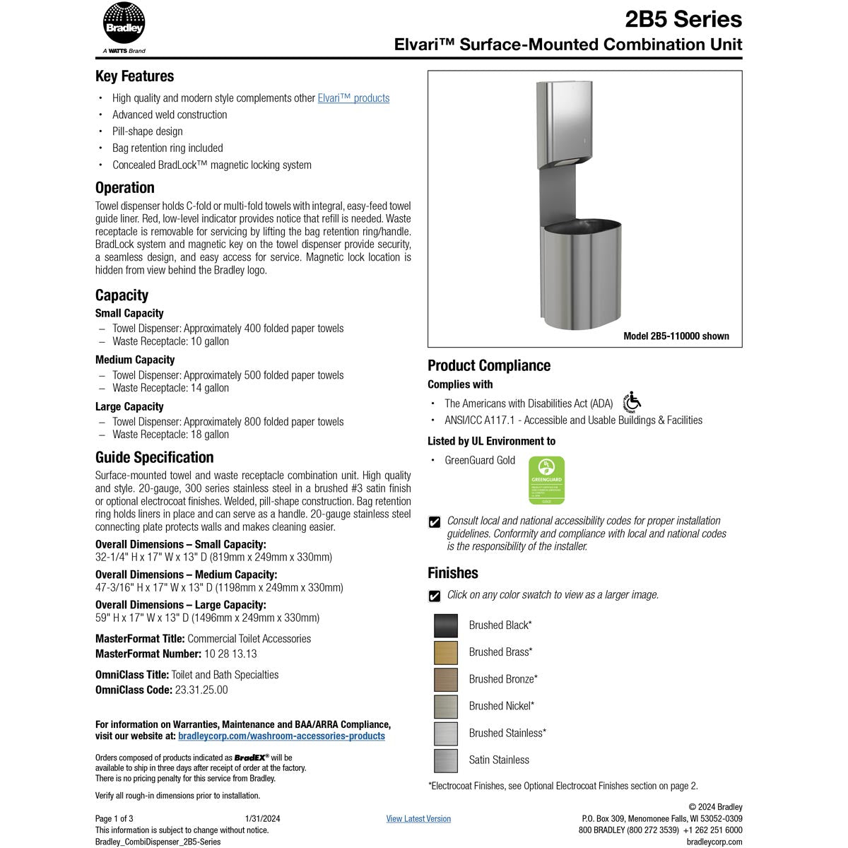 Bradley Elvari Series Towel/Waste Combination Unit - Surface Mounted, 18 GAL - 2B5-113600