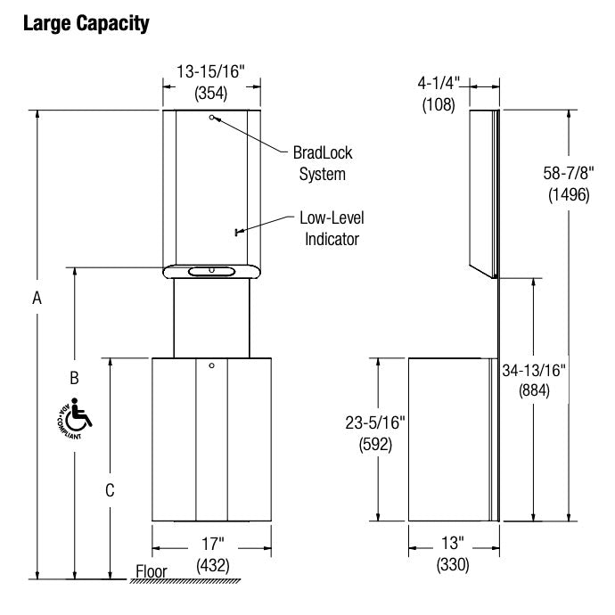 Bradley Elvari Series Towel/Waste Combination Unit - Surface Mounted, 18 GAL - 2B5-113600-BS, Brushed Stainless