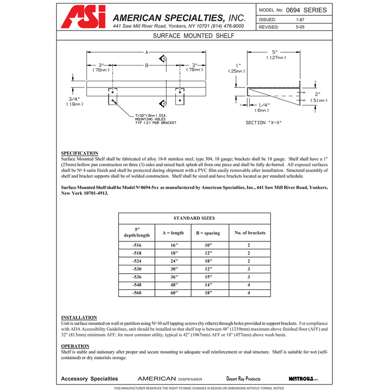 ASI 0694-18, Commercial Shelf w/ Backsplash, 5" D x 18" L, Stainless Steel w/ Satin Finish