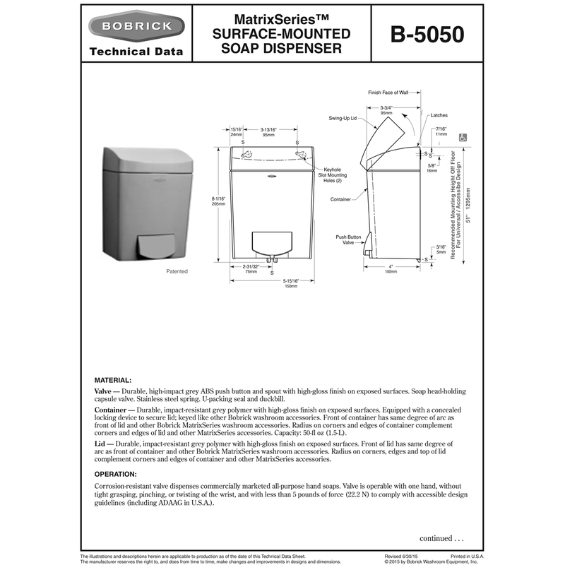 Bobrick B-5050 Commercial Liquid Soap Dispenser, Surface-Mounted, Manual-Push, Plastic - 40 Oz