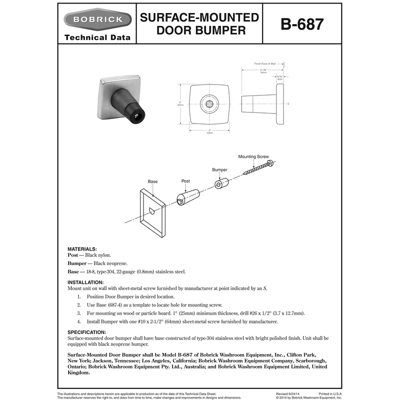 Bobrick B-687 Commercial Restroom Door Bumper, 2" W x 2" H x 5/16" D, Stainless Steel w/ Satin Finish