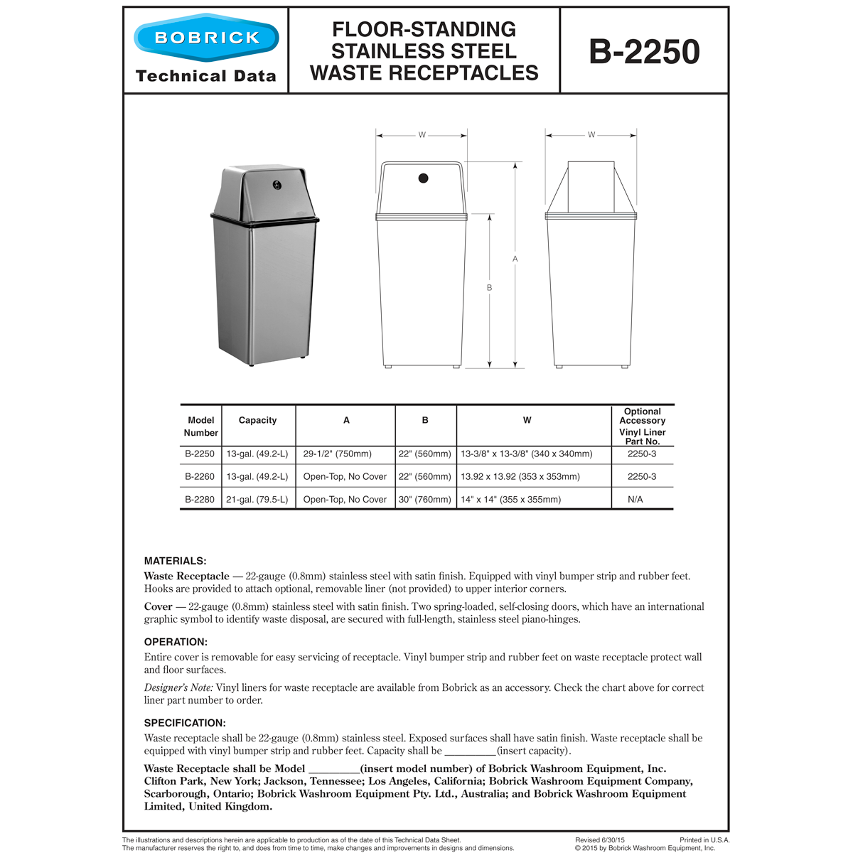 Bobrick B-2250 Floor-Standing Swing-Top Commercial Waste Receptacle, 13 Gallon, Free-Standing, 13-3/8" W x 29-1/2" H, 13-3/8" D, Stainless Steel