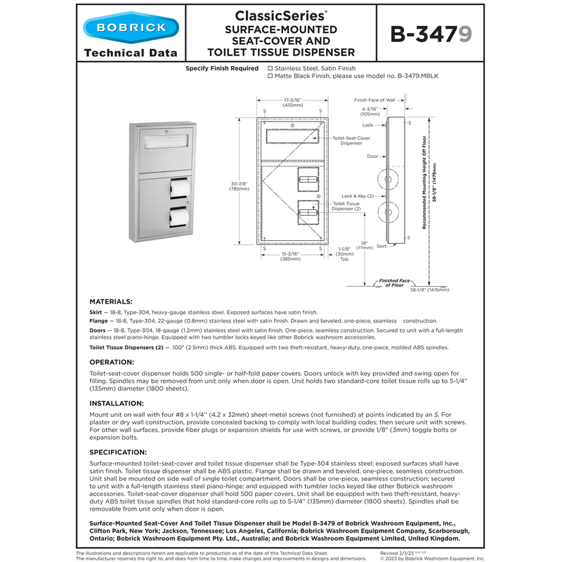 Bobrick B-3479.MBLK Matte Black Surface Mounted Seat Cover Dispenser and Toilet Tissue Dispenser