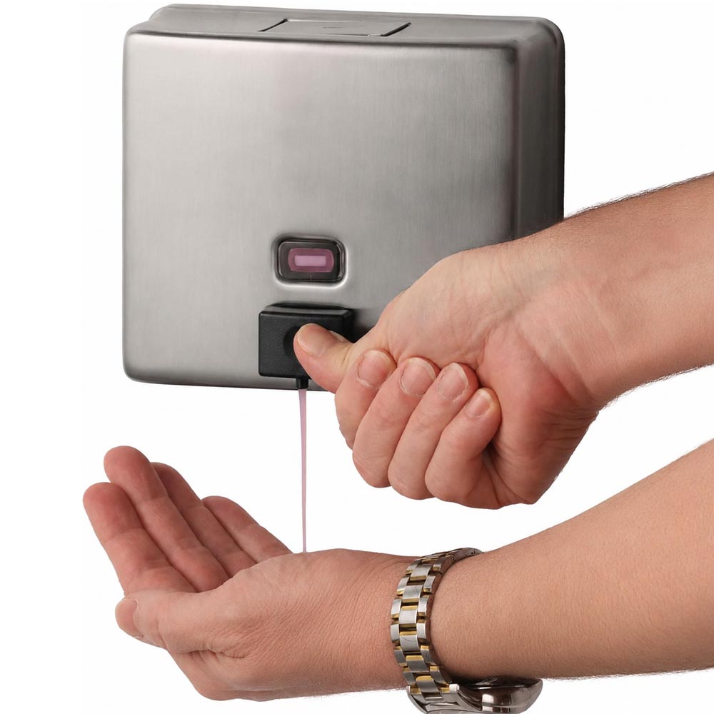 Bobrick B-4112 Commercial Soap Dispenser, Surface-Mounted, Manual-Push, Stainless Steel - 40 Oz