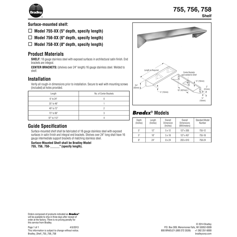 Bradley 755-024000 Commercial Restroom Shelf, 24" Length, Surface-Mounted, Stainless Steel