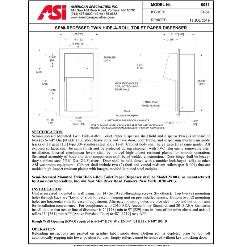 ASI 0031 Commercial Toilet Paper Dispenser, Recessed-Mounted, Stainless Steel w/ Satin Finish
