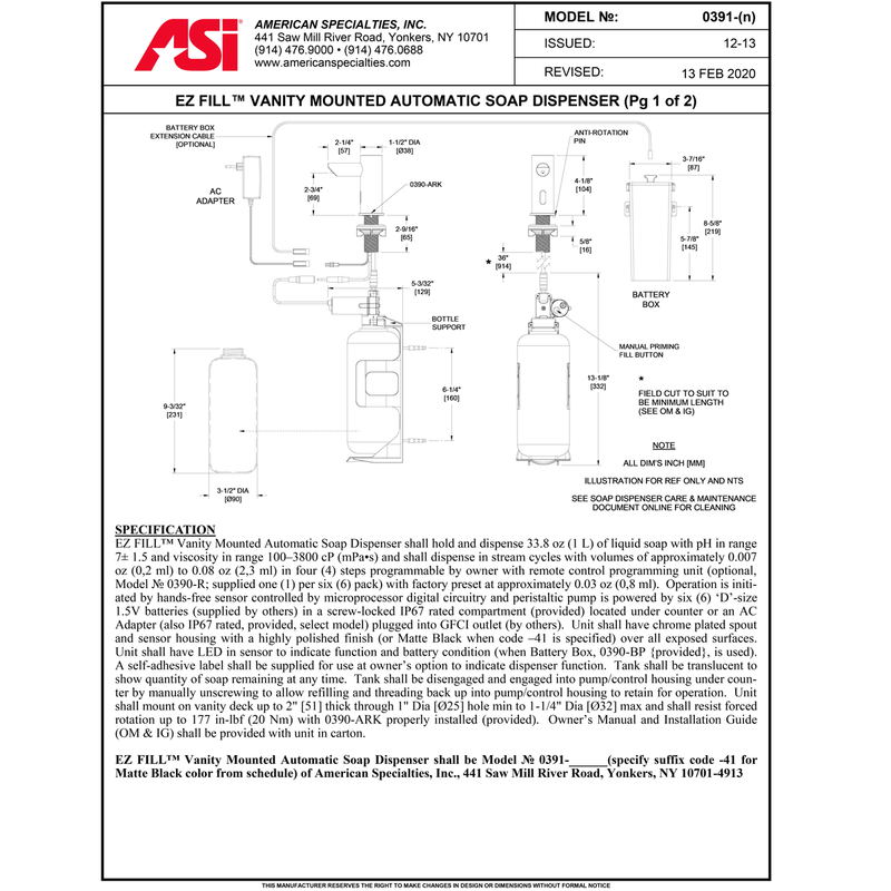 ASI 0391-1A-41 EZ FILL - Stand Alone LIQUID Soap Dispenser (Batt./not incl) Matte Black, 1L