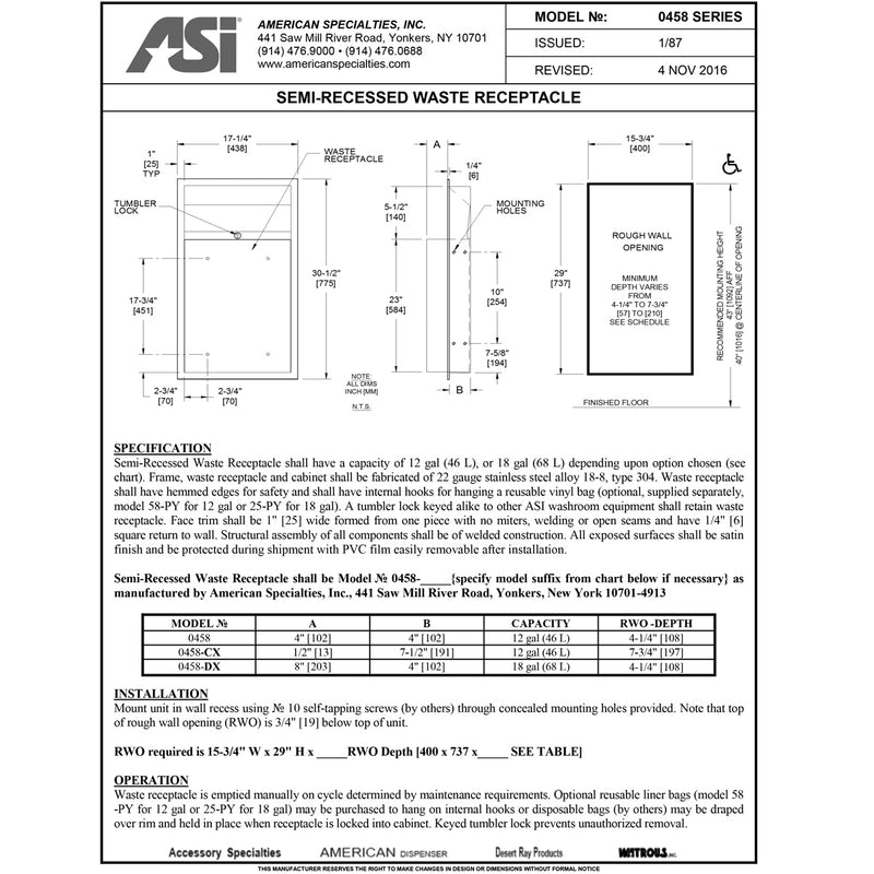 ASI 0458-DX Commercial Restroom Waste Receptacle, 18 Gallon, Semi-Recessed-Mounted, 15-3/4" W x 29" H, 4-1/4" D, Stainless Steel