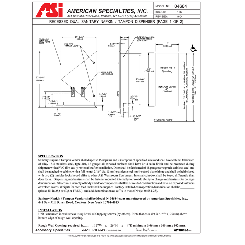 ASI 04684-9-25 Commercial Restroom Sanitary Napkin/ Tampon Dispenser, 25 Cents, Surface-Mounted, Stainless Steel
